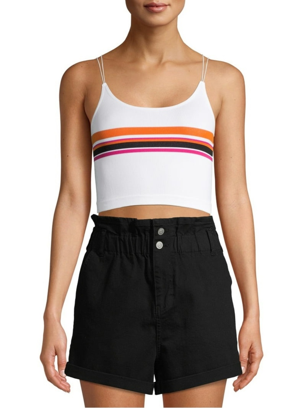 Women’s No Boundaries White Ribbed Cropped Cami Orange, Black & Pink Stripes